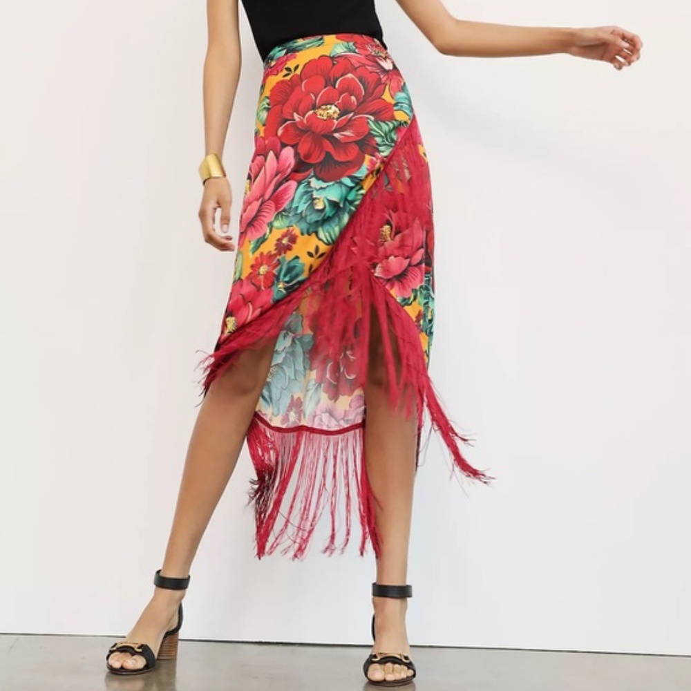 Anthropologie X FARM Benita Fringe Wrap midi skirt